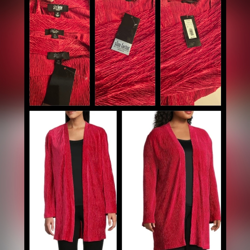 SLIM FACTOR RICH RED SHIMMER CREPE OPEN Cardigan Jacket New Travel 1X 2X 3X Plus